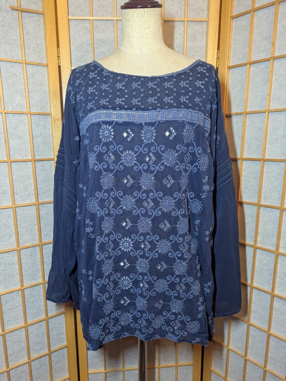 Johnny Was Blue Top Blouse Long Sleeve Eyelet XL